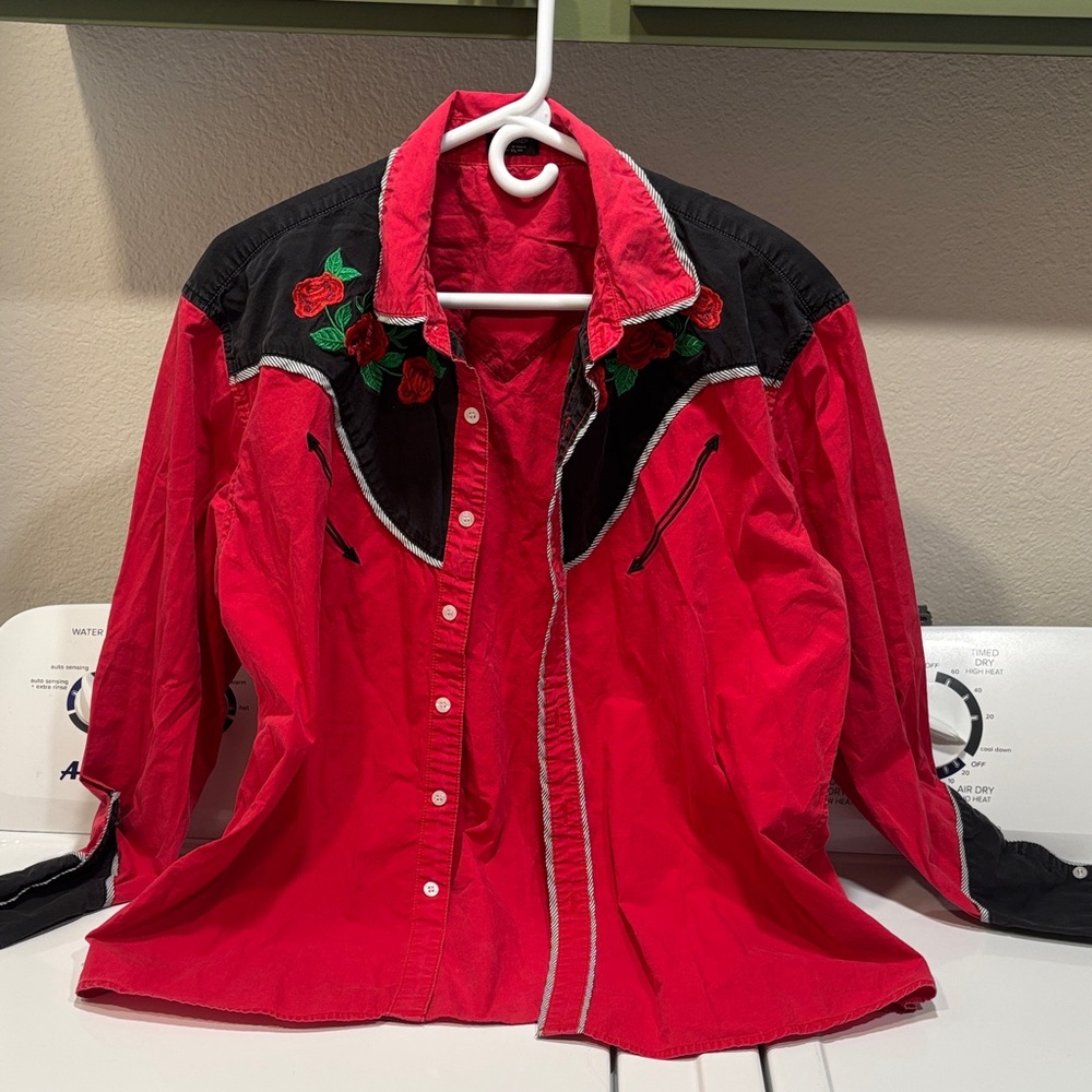 Vintage Embroidered Red and Black Women's Western Blouse